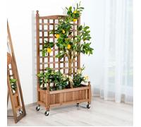 Jardinière 127 cm en Bois Sapin COSTWAY, Roues Verrouillables, Bac à Fleurs avec Treillis pour Plantes Grimpantes, Trou de Drainage