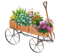 Jardinière avec 4 Roues en Métal - RELAX4LIFE - 2 Compartiments à Planter - Brouette Décorative en Bois - Charge 15KG - Orange