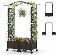 Jardinière Extérieur avec Treillis COSTWAY, pour Plantes Grimpantes, Roulettes Verrouillables, Toit, Arrosage Automatique, Marron