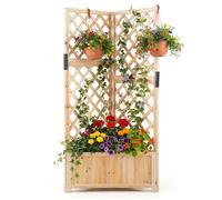 Jardinière Extérieur avec Treillis COSTWAY Trous de Drainage, Naturel Bac à Plantes en Bois Surélevé pour Plantes Grimpantes Fleurs