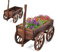 Jardinière Extérieur Bois Carbonisé - RELAX4LIFE - 75X43X53,5CM - Trous de Drainage - Poignée Réglable - Brouette Fleurs avec Roues