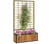 Jardinière - Outsunny - avec treillis, trous de drainage - en bois d'acacia et acier pour balcon patio - 74 x 27 x 131 cm - teck