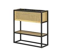 Jardinière sur pied style naturel - géotextile inclus, étagère intégrée - métal noir bois sapin verni bambou tressé