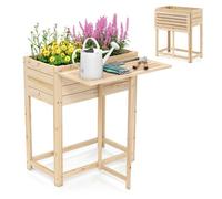 Jardinière sur Pieds avec Tablette Latérale Pliable COSTWAY Bois de Sapin, Drainage, Intérieur Extérieur pour Fleurs Herbes Légumes
