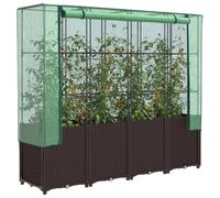 Jardinière surélevée aspect rotin avec serre, 160 x 40 x 153 cm, marron/vert, pour jardin et balcon, PP et tube en fer, jardinière