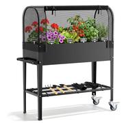 Jardinière surélevée avec capot en acier galvanisé sur roulettes pour | Volume de plantation de 82,7 l, étagère et crochet, porte enroulable avec fermeture éclair, trous de drainage