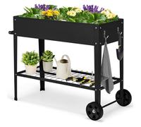 Jardinière Surélevée avec Pieds COSTWAY sur Roulettes, Etagère de Rangement, Crochets de Suspension, Poignée, Cadre en Métal, Noir