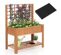 Jardinière Surélevée avec Treillis COSTWAY, Bois de Sapin, Doublure, Étagère de Rangement, Drainage, pour Plantes Grimpantes,Marron