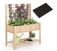 Jardinière Surélevée avec Treillis COSTWAY, Bois Sapin, Doublure, Étagère de Rangement, Drainage, pour Plantes Grimpantes, Naturel