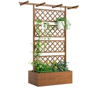 Outsunny Jardinière Surélevée avec Treillis et Barres de Toit, bac à Fleurs, lit surélevé Trous de Drainage, Tissu Non tissé, pour Plantes grimpantes, légumes, extérieur, Bois Massif, Marron