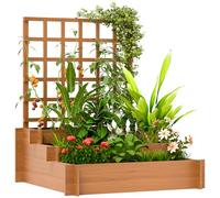 Jardinière surélevée Outsunny avec tuteur, jardinière à 3 Niveaux avec Tissu Non tissé, Potager, bac à Plantes, jardinière à Herbes aromatiques pour Jardin, Balcon, Bois de Sapin, Marron, 95 x 95 x