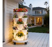Jardinière verticale empilable à 5 niveaux avec roues & système d'arrosage automatique, tour à 3 lobes, pots de jardin mobiles pour fraises, herbes, fleurs & légumes, gain de place, jardinière d'extér