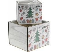 Jardinières carrées en bois avec motifs de Noël colorés Lot de 2