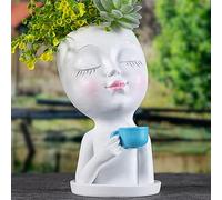 Jardinières mignonnes, jardinière avec plateau dame buvant des pots de visage de café pour plantes imperméables résine plante mignonne plante café dame pots de pots succulents pour intérieur 4x7,8 po