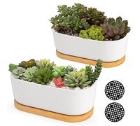 Jardinières succulentes en céramique blanche, ARVINKEY intérieur et extérieur plantes succulentes, pots de bonsaï, pots de fleurs avec plateau en bambou (pas de plante)