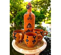 Jarre à Eau Marocaine en Terre Cuite - Format Réfrigérateur + Plateau & Tasses (1L+ou-) - Purification Naturelle. Décoré & peinte à la main. (Peinte & gravée)