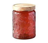 Jarsense Bocal en verre 700ml avec couvercle en bois - Bocal scellé en verre de qualité alimentaire pour la maison - Bocal de conservation pour grains de café, feuilles de thé - Motif gerbera (rouge)