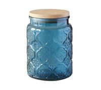 Jarsense Bocal en verre bleu de 700 ml avec couvercle en bambou, bocal de stockage cylindrique de qualité alimentaire pour grains de café, feuilles de thé ou motif bégonia