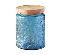 Jarsense Bocal en verre bleu de 700 ml avec couvercle en bois, gravé vintage, forme cylindrique, bocal de conservation de qualité alimentaire pour grains de café, feuilles de thé, motif gerbera