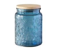 Jarsense Bocal en verre scellé de 700 ml avec couvercle en bambou de qualité alimentaire pour café, grains de thé, feuilles de thé, motif gerbera (bleu)