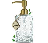 JASAI Diamond Design - Distributeur de savon en verre avec pompe dorée - Rechargeable - Distributeur de savon pour la cuisine, la salle de bain - Distributeur de savon pour les mains, savon à