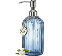 JASAI Distributeur de savon en verre bleu marine de 532 ml pour cuisine et salle de bain, distributeur de savon de cuisine rechargeable avec rayures verticales, distributeur de savon de salle de bain