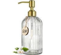 JASAI Distributeur de savon en verre de 510,3 g avec pompe dorée pour cuisine, distributeur de savon liquide rechargeable avec rayures verticales, distributeur de savon transparent pour salle de bain