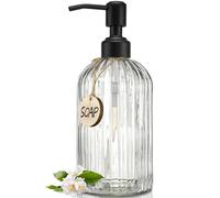JASAI Distributeur de Savon en Verre Simple de 532 ML avec Pompe antirouille Noire, Distributeur de Savon de Cuisine Rechargeable avec Rayures Verticales, Distributeur de Savon de Salle de Bain pour