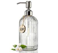 Jasai Distributeur de savon liquide en verre transparent avec pompe en acier inoxydable rechargeable pour salle de bain, cuisine, Transparent, 532 ml