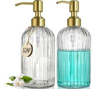 JASAI Lot de 2 distributeurs de Savon en Verre cannelé de 532 ML avec Pompe antirouille dorée, Distributeur de Savon de Cuisine Rechargeable avec Rayures Verticales, Distributeur de Savon de Salle de