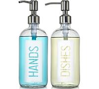 JASAI Lot de 2 distributeurs de Savon en Verre de 532 ML avec Pompe en Acier Inoxydable 304 antirouille, Distributeur de Savon de Cuisine avec étiquette Mains et Vaisselle, Distributeur de Savon à