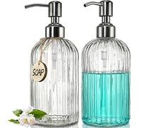 JASAI Lot de 2 distributeurs de Savon en Verre de 532 ML avec Pompe en Acier Inoxydable antirouille, Distributeur de Savon Rechargeable avec Rayures Verticales, Distributeur de Savon de Salle de Bain