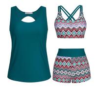 JASAMBAC Maillot De Bain Femme 3 PièCes Grande Taille Tankini Femme Imprimé Floral ContrôLe du Ventre Bikinis AthléTique Maillot De Bain Modeste Shorty
