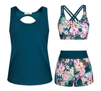 JASAMBAC Maillot De Bain Femme 3 PièCes Tankini Femme Imprimé Floral ContrôLe du Ventre Bikinis AthléTique Maillot De Bain Modeste Shorty