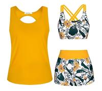 JASAMBAC Maillot De Bain Femme Grande Taille Tankini 3 PièCes Tankinis Femme Imprimé Floral ContrôLe du Ventre Bikinis AthléTique Maillot De Bain Modeste Shorty