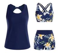 JASAMBAC Maillot De Bain Tankini Femme 3 PièCes Tankinis Femme Imprimé Floral ContrôLe du Ventre Bikinis AthléTique Maillot De Bain Modeste Shorty