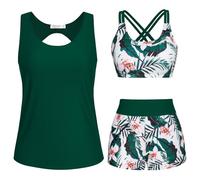 JASAMBAC Maillot De Bain Tankini Femme 3 PièCes Tankinis Femme Imprimé Floral ContrôLe du Ventre Bikinis AthléTique Maillot De Bain Modeste Shorty