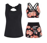 JASAMBAC Tankini Grande Taille Maillot De Bain Femme 3 PièCes Tankinis Femme Imprimé Floral ContrôLe du Ventre Bikinis AthléTique Maillot De Bain Modeste Shorty