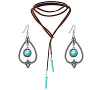 Jascatin Bohème Turquoise Velours Choker Collier Boucles D'Oreilles Ensemble Long Pendentif Collier Suede Collier Chandail Chaîne pour Femmes, Taglia unica, Métal, Pas de gemme