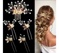 Jascatin Bride Wedding Leaf Hair Pins Fleur Bridal Hair Pieces Mariage Accessoires pour Cheveux Perle Bridal Clips pour Femmes et Filles Lot de 5 (Or)