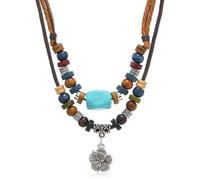 Jascatin Collier ras du cou bohème turquoise double couche avec pendentif en forme de fleur en bois tissé pour femme, Métal