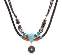 Jascatin Collier ras du cou bohème turquoise double couche avec pendentif en forme de fleur en bois tissé pour femme, Métal