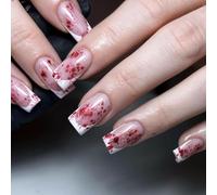 Jascatin Lot de 24 faux ongles carrés d'Halloween motif citrouille, fantôme, toile d'araignée, goutte de sang, pour femme (rouge)
