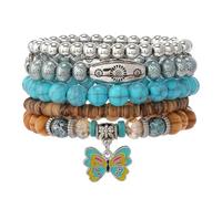 Jascatin Lot de 5 bracelets extensibles en bois turquoise de style bohème pour homme et femme, taille unique, Métal, Pas de gemme