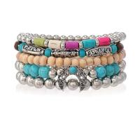 Jascatin Lot de 5 bracelets extensibles en bois turquoise de style bohème pour homme et femme, taille unique, Métal, Pas de gemme