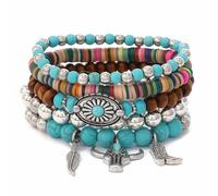 Jascatin Lot de 5 bracelets extensibles en bois turquoise de style bohème pour homme et femme, taille unique, Métal, Pas de gemme