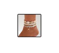 Jascatin Lot de 7 bracelets de cheville bohème superposés en forme d'étoile en or blanc et perles de rocaille élastiques pour femme, taille unique, Métal, Pas de gemme
