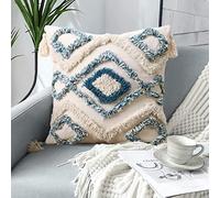 Jasen Housse de Coussin décorative tissée touffetée de Style bohème avec Pompons de Style bohème pour canapé, Sofa, Chambre à Coucher, Salon, 45,7 x 45,7 cm, Bleu et Beige