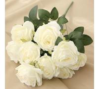 Jasion Bouquet de Roses artificielles à 9 têtes en polyuréthane au Toucher glorieux pour la Maison, Le Bureau, Les fêtes et Les Mariages (Blanc)