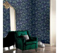Jasmin Jardin Fleur Feuilles Tissu Effet Arthouse Papier Peint - Noir Bleu